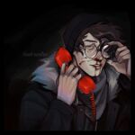  1boy adjusting_eyewear artist_name beanie black_background black_hat black_jacket blood blood_on_face broken_eyewear brown_eyes brown_hair corded_phone dark fur-trimmed_jacket fur_trim glasses grey_scarf hands_up hat highres holding holding_phone hood hood_down jacket long_sleeves looking_at_viewer male_focus minecraft_youtube nosebleed open_mouth phone round_eyewear scarf short_hair simple_background smile solo unit_ssn0va upper_body wilbur_soot 