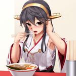  :o aiguillette armpits bandages bare_shoulders black_hair blurry blush brown_eyes chopsticks collarbone cup depth_of_field detached_sleeves eating egg eto eyebrows eyebrows_visible_through_hair food hand_in_hair hand_up haruna_(kantai_collection) headgear highres holding holding_chopsticks japanese_clothes kantai_collection kimono long_hair long_sleeves looking_at_viewer md5_mismatch meat noodles open_mouth ramen red_ribbon resized revision ribbon ribbon-trimmed_sleeves ribbon_trim sarashi simple_background sleeveless sleeveless_kimono solo soup sweatdrop upper_body upscaled wide_sleeves yellow_background 
