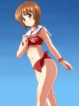  bikini blue_background brown_eyes brown_hair doutanuki girls_und_panzer highres navel nishizumi_miho red_bikini sailor_bikini sailor_collar short_hair side-tie_bikini solo swimsuit 