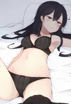  :o arm_at_side bed_sheet black_bra black_hair black_panties blush bow bow_bra bow_panties bra breasts cole duplicate half-closed_eyes kantai_collection long_hair looking_at_viewer lying medium_breasts navel on_back panties pillow plaid plaid_bra plaid_panties solo sweat underwear ushio_(kantai_collection) 