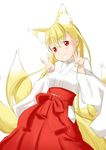  animal_ears blonde_hair double_v eyebrows eyebrows_visible_through_hair fox_ears fox_tail grin hakama head_tilt highres japanese_clothes long_hair looking_at_viewer miko multiple_tails niwatazumi original red_eyes red_hakama simple_background sketch smile solo tail v white_background wide_sleeves 