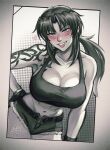  1girl artist_name black_lagoon black_tank_top blush breasts cleavage collarbone crop_top cutoffs denim denim_shorts gloves heart highres iahfy large_breasts long_hair midriff naughty_face navel parted_bangs ponytail revy_(black_lagoon) short_shorts shorts solo tank_top tattoo toned_female tongue tongue_out tribal_tattoo 