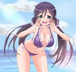  ankoro_(momomonsss) aqua_eyes ass_visible_through_thighs bikini breasts cleavage cloud collarbone day large_breasts leaning_forward long_hair looking_at_viewer love_live! love_live!_school_idol_project low_twintails navel ocean open_mouth purple_hair round_teeth shouting sideboob solo swimsuit teeth thighs toujou_nozomi twintails wide_hips 