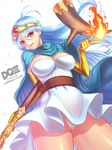  blue_eyes blue_hair boots breasts cape circlet cleavage dragon_quest dragon_quest_iii dress elbow_gloves fire gloves large_breasts long_hair panties red_eyes sage_(dq3) short_dress smile solo staff underwear yapo_(croquis_side) 