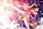  black_hair geta japanese_clothes kicking kimono koutetsujou_no_kabaneri mumei_(kabaneri) panties pantyshot parted_lips red_eyes short_hair short_kimono solo twintails underwear vmax-ver 