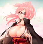 absurdres baiken breasts cleavage commentary evil-dei facial_tattoo goggles guilty_gear guilty_gear_xrd highres large_breasts long_hair monocle no_bra one-eyed petals pink_hair ponytail scar scar_across_eye solo tattoo 