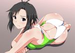  antenna_hair ass back_cutout bangs barefoot black_eyes black_hair blush closed_mouth competition_swimsuit eyebrows eyebrows_visible_through_hair gradient gradient_background idolmaster idolmaster_(classic) kikuchi_makoto lying on_side one-piece_swimsuit outstretched_arm short_hair sidelocks solo swimsuit tengu_(tetuo_kun) 