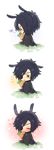  animal_ears black_hair bunny_ears bunny_tail carrot chibi closed_eyes comic eyepatch from_behind highres jida looking_back male_focus open_mouth shokudaikiri_mitsutada sitting smile tail touken_ranbu yellow_eyes 