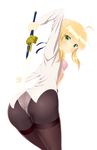  absurdres ahoge artoria_pendragon_(all) ass black_legwear blonde_hair blue_ribbon bra fate/stay_night fate_(series) green_eyes hair_ribbon highres holding holding_sword holding_weapon long_hair looking_at_viewer open_clothes open_shirt panties panties_under_pantyhose pantyhose pink_bra ribbon saber shirt simple_background solo sword taka_(takahirokun) underwear weapon white_background white_panties white_shirt 