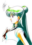  bishoujo_senshi_sailor_moon bow brown_bow choker earrings green_hair hair_bun jewelry lipstick long_hair makeup marco_albiero marker_(medium) meiou_setsuna pink_lipstick profile red_eyes sailor_pluto sailor_senshi_uniform signature simple_background solo star star_choker super_sailor_pluto tiara traditional_media upper_body white_background 