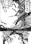  bow comic explosion firing greyscale hair_bow hair_ribbon highres kantai_collection long_hair machinery monochrome pleated_skirt ponytail ribbon school_uniform serafuku shinkaisei-kan skirt spaghe target_practice translated turret wind yuubari_(kantai_collection) 