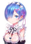  bare_shoulders blue_eyes blue_hair blush bob_cut breasts commentary_request detached_sleeves dress frills hair_ornament hair_over_one_eye looking_at_viewer maid maid_headdress medium_breasts mettsu re:zero_kara_hajimeru_isekai_seikatsu red_ribbon rem_(re:zero) ribbon short_hair solo x_hair_ornament 