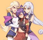  3girls blonde_hair blush breast_grab breasts girl_sandwich gloria_tyler grace_tyler green_eyes groping long_hair multiple_girls purple_hair sandwiched serena_(yuu-gi-ou_arc-v) shirt_lift silver_hair yu-gi-oh! yuri yuu-gi-ou_arc-v 