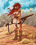  bare_shoulders bikini bikini_armor blue_sky breasts cleavage cloud feather female floating_hair full_body gloves long_hair looking_at_viewer outdoors purple_eyes red_hair red_sonja sky smile solo standing sword toshinho tsurime weapon 