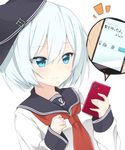  alternate_hair_length alternate_hairstyle anchor_symbol blue_eyes cellphone commentary_request eyebrows eyebrows_visible_through_hair hat hibiki_(kantai_collection) highres kantai_collection light_smile necktie phone rateratte red_neckwear school_uniform serafuku short_hair silver_hair smartphone solo translated upper_body 