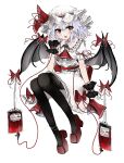  1girl ascot bat_wings black_pantyhose black_wrist_cuffs blood blood_bag blue_hair bow bow_on_wing brooch collared_shirt english_commentary fang frilled_shirt_collar frills full_body hair_between_eyes hand_up hat hat_ribbon highres jewelry light_blush looking_at_viewer mary_janes mob_cap open_mouth ougiikun pantyhose puffy_short_sleeves puffy_sleeves red_ascot red_bow red_eyes red_footwear red_ribbon remilia_scarlet ribbon shirt shoes short_hair short_sleeves simple_background sitting skirt skirt_set solo touhou vampire white_background white_hat white_shirt white_skirt wings wrist_cuffs 