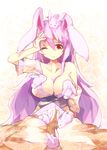  animal_ears bare_shoulders breasts bunny bunny_ears chiroru_(cheese-roll) japanese_clothes large_breasts lavender_hair long_hair off_shoulder one_eye_closed red_eyes reisen_udongein_inaba solo touhou very_long_hair 