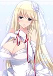  bad_id bad_pixiv_id bare_shoulders blonde_hair blue_eyes blush breasts bug butterfly cleavage dated dress elbow_gloves gloves happy_birthday highres huge_breasts insect jewelry lace long_hair lovely_x_cation_2 minamon_(vittel221) necklace solo wedding_dress white_gloves yoshinoya_seine 