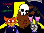  (deadbolt) 5t3r30-cat_(artist) bone cloth clothed clothing creepy deadbolt disney fan_(disambiguation) female grimm_reapers group judy_hopps looking_at_viewer male mammal melee_weapon nick_wilde reaper scared scythes skeleton uniform weapon zootopia 