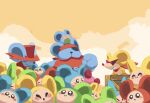  absurdres animal animal_focus animal_on_head bandana bell cloak closed_eyes clothed_animal cloud collared_cloak colored_skin commentary_request crate crop_top daroach doc_(kirby) ears_through_headwear eyepatch facial_hair grin hat high_collar highres kirby kirby_(series) kirby_squeak_squad lying mouse_(animal) mustache navel neck_bell no_humans novelty_glasses on_back on_head outdoors pink_skin red_bandana red_cloak red_footwear red_hat red_scarf red_shirt round_eyewear scarf shirt shoes sky smile spinni squeakers storo sunglasses sunset suyasuyabi top_hat triangular_eyewear yellow_sky 