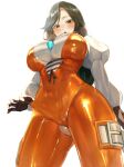  1girl absurdres black_hair bodysuit breasts cameltoe cleavage commission final_fantasy final_fantasy_ix garnet_til_alexandros_xvii gloves highres himerin jewelry lace-up_top large_breasts looking_down necklace orange_bodysuit pixiv_commission skin_tight solo tight_clothes torn_clothes 