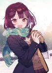  1girl :d atelier_(series) atelier_sophie_2 black_jacket blue_scarf blush breath brown_eyes comiket_103 commentary_request fang food gate hair_ornament hairclip hands_up highres holding holding_food jacket long_sleeves looking_at_viewer official_alternate_costume official_art open_mouth outdoors plaid_clothes plaid_scarf pleated_skirt red_hair roasted_sweet_potato scarf school_uniform short_hair skirt smile solo sophie_neuenmuller sweater_vest sweet_potato tree winter_clothes x_hair_ornament 