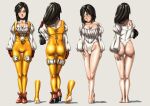  1girl ass barefoot black_hair blush bodysuit breasts brown_eyes choker cleavage closed_mouth final_fantasy final_fantasy_ix full_body garnet_til_alexandros_xvii gloves highres jewelry kainaka_ichijiku lips long_hair looking_at_viewer low-tied_long_hair orange_bodysuit simple_background solo toes 