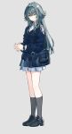  1girl antenna_hair bag black_footwear black_socks blue_cardigan blue_hair blue_overskirt blue_ribbon blue_skirt cardigan closed_mouth collared_shirt crossed_bangs dot_nose expressionless from_side full_body gakuen_idolmaster green_eyes green_hair hair_between_eyes hair_flaps highres idolmaster kneehighs legs_together loafers long_hair long_sleeves migolu miniskirt neck_ribbon overskirt own_hands_clasped own_hands_together pleated_skirt ribbon school_bag school_uniform shirt shoes shoulder_bag sidelocks skirt socks solo standing tsukimura_temari watch white_shirt wristwatch 