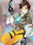  bodysuit bomber_jacket brown_eyes brown_hair gloves goggles gun handgun jacket keikyu_(tiltedcube) looking_at_viewer open_mouth orange_bodysuit overwatch short_hair smile solo spiked_hair thighs tracer_(overwatch) weapon 