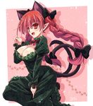  animal_ears bangs black_ribbon braid breasts cat_ears cat_tail cleavage dress extra_ears fang green_dress hair_ribbon juliet_sleeves kaenbyou_rin large_breasts long_hair long_sleeves multiple_tails open_mouth paw_pose paw_print pointy_ears puffy_sleeves red_eyes red_hair red_ribbon ribbon smile solo tail touhou tress_ribbon twin_braids two_tails yamu_(reverse_noise) 