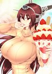  breasts brown_hair dessert finger_licking food fruit highres huge_breasts ice_cream icing kantai_collection licking long_hair looking_at_viewer moo_yoshio nagato_(kantai_collection) parfait raised_eyebrows red_eyes ribbed_sweater solo spoon strawberry sundae sweater 