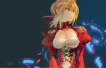  bad_id bad_twitter_id blonde_hair blue_background breasts cleavage epaulettes fate/extra fate_(series) green_eyes hair_bun highres medium_breasts mifuji_kiichi nero_claudius_(fate) nero_claudius_(fate)_(all) simple_background solo 