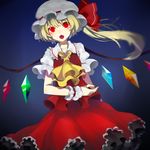  ascot bad_id bad_pixiv_id blonde_hair blue_background blurry crystal dutch_angle fangs flandre_scarlet frilled_skirt frills gradient gradient_background hat hat_ribbon highres kare_(arupusu888) looking_at_viewer mob_cap nail_polish open_mouth puffy_sleeves red_eyes ribbon shirt short_sleeves side_ponytail skirt skirt_set solo touhou vest wings wrist_cuffs 