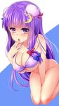  :o bangs bare_shoulders bikini blue_background blue_ribbon blunt_bangs blush bottomless breasts cleavage crescent crescent_hair_ornament double_bun hair_ornament hair_ribbon halter_top halterneck highres large_breasts long_hair looking_at_viewer patchouli_knowledge purple_bikini purple_eyes purple_hair red_ribbon ribbon rimu_(kingyo_origin) simple_background solo swimsuit touhou tress_ribbon two-tone_background white_background 