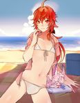  bikini blush bulge crossdressing embarrassed fate/grand_order fate_(series) highres long_hair male_focus nobarakun otoko_no_ko rama_(fate/grand_order) red_eyes red_hair solo swimsuit 