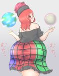  ass ass_shake bad_id bad_pixiv_id blush earth fat from_behind frown guroo_(shine119) hecatia_lapislazuli highres huge_ass looking_at_viewer looking_back moon off-shoulder_shirt off_shoulder plump polos_crown red_eyes red_hair shirt short_hair solo thick_thighs thighs touhou 