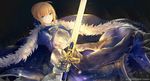  ahoge armor armored_dress artist_name artoria_pendragon_(all) bai_qi-qsr bangs blonde_hair blue_cape bow braid cape commentary_request dress excalibur fate/stay_night fate_(series) fur_trim gauntlets green_eyes hair_bun ribbon saber solo sword weapon 