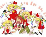  &gt;_&lt; :d all_fours blonde_hair closed_eyes dated fang flandre_scarlet four_of_a_kind_(touhou) furukawa_(yomawari) hair_pull hat hong_meiling laevatein mob_cap multiple_girls multiple_persona on_person open_mouth playing red_eyes red_hair riding smile squatting star touhou v-shaped_eyebrows xd 