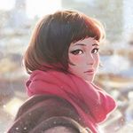  bangs blurry bokeh brown_eyes coat depth_of_field expressionless eyebrows from_side guweiz ilya_kuvshinov_(style) lips looking_at_viewer mouth nose outdoors photo-referenced red_scarf scarf short_hair solo upper_body 