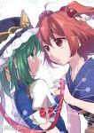  2girls ahoge bangs bare_shoulders bow collarbone commentary_request cover cover_page face-to-face green_eyes green_hair hair_bobbles hair_ornament hat inuinui looking_at_another medium_hair multiple_girls onozuka_komachi open_mouth puffy_short_sleeves puffy_sleeves red_bow red_eyes red_hair red_ribbon ribbon shiki_eiki short_sleeves touhou translation_request two_side_up upper_body yuri 