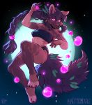  2019 anthro brown_fur canid canine canis clothed clothing digital_media_(artwork) female fluffy fluffy_tail fur hair kaitycuddle leaf long_hair looking_at_viewer mammal pink_eyes simple_background smile solo 