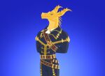 2024 anthro belt belt_buckle blue_background blue_clothing braz brown_belt buckle clothed clothing digital_media_(artwork) dragon fancy_clothing gold_accessory green_eyes looking_at_viewer male mouth_closed multiple_belts mythological_creature mythological_scalie mythology neck_spines nixxxbot scales scalie shirt_collar simple_background solo strap_across_chest tailless under_clothes yellow_body yellow_scales