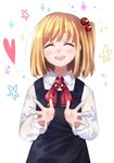  anarogumaaa black_dress blonde_hair blouse closed_eyes dress hair_bobbles hair_ornament light_smile open_mouth outstretched_hand palms rumia short_hair side_ponytail solo touhou white_blouse 