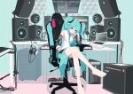 1girl absurdres amplifier aqua_eyes aqua_hair barefoot black_skirt breasts chair closed_mouth collared_shirt computer computer_keyboard crossed_legs detached_sleeves effects_pedal elbow_rest figure gaming_chair hatsune_miku hatsune_miku_(nt) headphones highres instrument keyboard_(instrument) kinosuke_(pattaba) laptop long_hair looking_at_viewer miku_day miniskirt monitor neck_ribbon piapro ribbon shirt sitting skirt sleeveless sleeveless_shirt small_breasts smile solo speaker swivel_chair toes twintails very_long_hair vocaloid white_shirt 