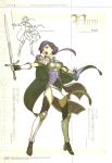  1girl armor armored_boots bell boots cape character_name fingerless_gloves fire_emblem fire_emblem_cipher fire_emblem_echoes:_mou_hitori_no_eiyuuou full_body gloves hidari_(left_side) highres holding holding_sword holding_weapon long_hair nintendo non-web_source official_art open_mouth purple_eyes purple_hair scan sketch solo sword teeth thighhighs weapon yuzu_(fire_emblem) 