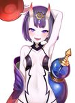  alcohol arm_up armpits atg_(wttoo0202) breasts bright_pupils cup fate/grand_order fate_(series) highres horns looking_at_viewer navel oni oni_horns open_mouth purple_eyes purple_hair sakazuki sake short_hair shuten_douji_(fate/grand_order) simple_background small_breasts smile solo tongue tongue_out white_background 