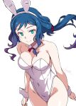  1girl animal_ears aqua_eyes bare_shoulders batta_16-sei blue_hair blush bow bowtie breasts cleavage commentary covered_navel detached_collar fake_animal_ears floating_hair gundam gundam_build_fighters highleg highleg_leotard highres iori_rinko large_breasts leotard long_hair looking_at_viewer low_ponytail rabbit_ears red_bow red_bowtie short_bangs simple_background smile solo strapless strapless_leotard thighs white_background white_leotard white_wrist_cuffs wrist_cuffs 