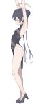  1girl absurdres armpit_crease armpits black_dress black_hair black_panties blue_archive braid braided_bun breasts china_dress chinese_clothes closed_eyes commentary dragon_print dress full_body grey_halo hair_bun halo highres kisaki_(blue_archive) kitten_heels long_hair panties pelvic_curtain print_dress profile s10021 side_slit simple_background small_breasts solo stretching string_panties sweat twintails underwear white_background 