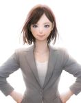  bangs blue_eyes brown_hair collarbone commentary_request cover eyebrows formal hands_on_hips kadokawa lips looking_at_viewer mouth mujiha neck nose parted_bangs realistic shirt simple_background smile solo standing suit upper_body white_background white_shirt 