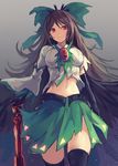  adapted_costume asymmetrical_clothes black_gloves black_wings blouse bow breasts brown_hair burnt_clothes cane cape cowboy_shot elbow_gloves feathered_wings gloves green_ribbon green_skirt hair_between_eyes hair_bow hair_ribbon large_breasts long_hair looking_at_viewer messy_hair midriff nakaichi_(ridil) navel puffy_sleeves red_eyes reiuji_utsuho ribbon short_sleeves single_sleeve skirt skirt_set smile solo thighhighs third_eye touhou very_long_hair white_blouse wings 